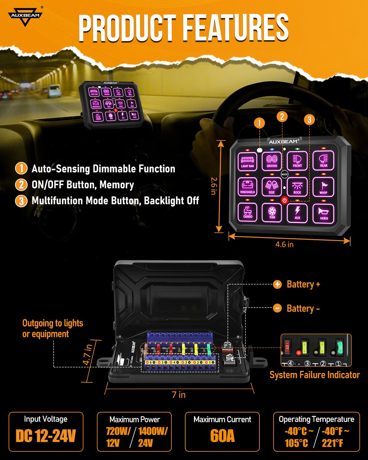 Auxbeam 12 Gang Switch Panel RGB RB120 Toggle Momentary Pulsed Dimmable Backlight Multifunction Switch Panel Two Sided Output for 12-24V Truck Offroad UTV ATV Car Marine Waterproof 2 Years Warranty - Image 4