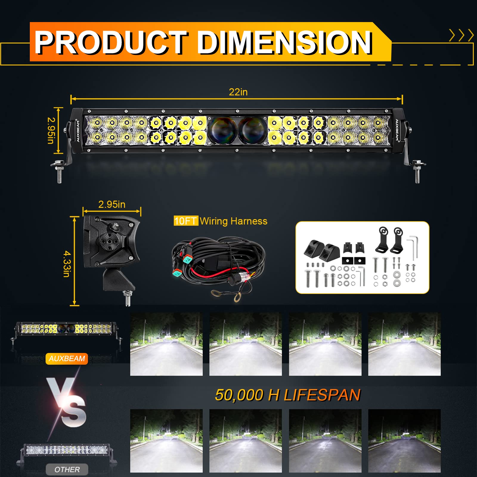 Auxbeam 22 Inch Led Light Bar 180W 22000LM 5D Pro Lens Off Road Driving Lights Spot Flood Combo Fog Light 10FT Wiring Harness Kit (Professional Grade Outdoor Lighting Source P8 LED) - Image 3