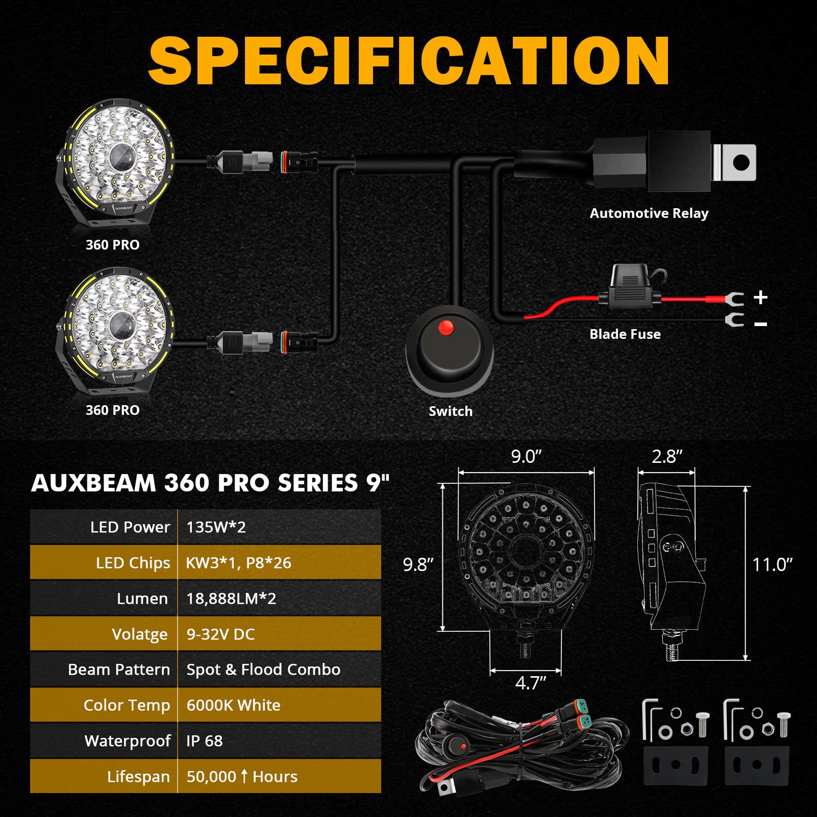 Auxbeam 360-PRO Series Bundle, 9" 270W LED Offroad Lights with 2PCS Amber/Black Light Covers, Spot Flood Combo Round Light Bar Truck LED Pods 4x4 Off-Road Lighting - Image 8
