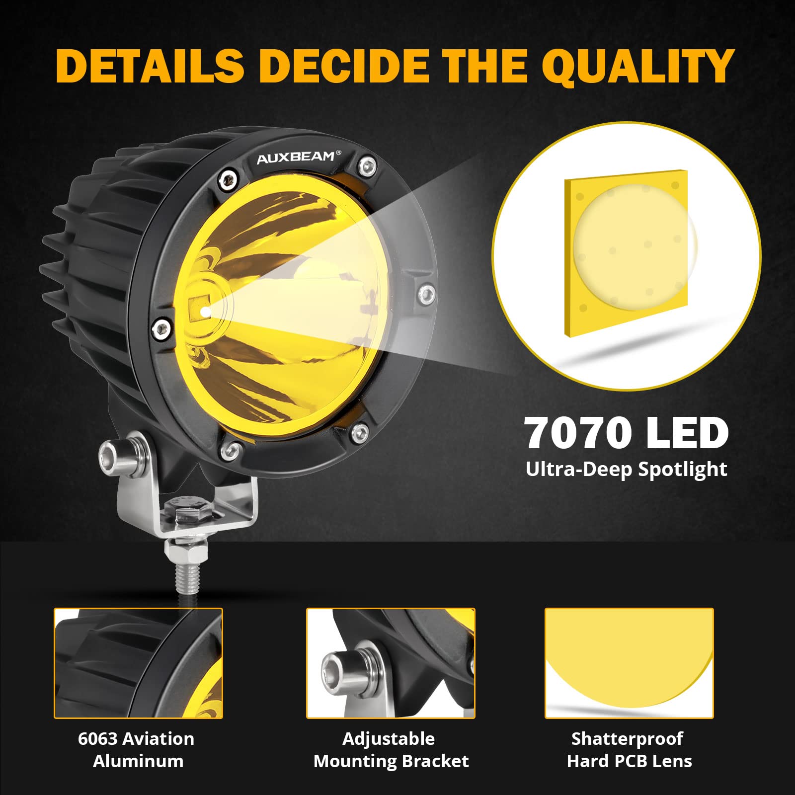 Auxbeam 4 Inch 72W Amber Fog Lights with Black Covers Combo Kit, 7200LM Yellow Spot Beam Round Offroad LED Pods Light Driving Light with DT Wiring Harness for Truck Jeep Pickup ATV UTV, Pack of 4 - Image 7