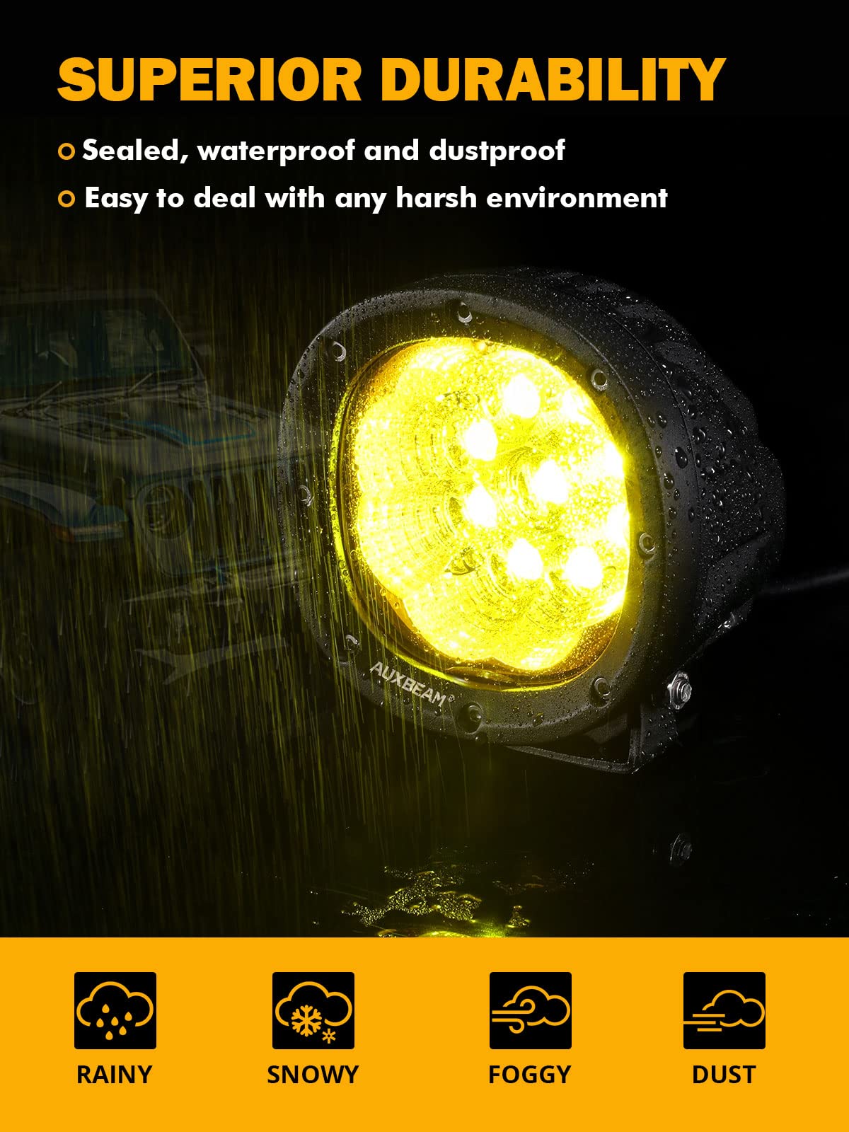 Auxbeam 4 Inch Amber Round LED Driving Flood Light + 4 inch LED Pod Covers Waterproof Dustproof for Truck SUV ATV UTV Jeep Wrangler Motorcycle - Image 5