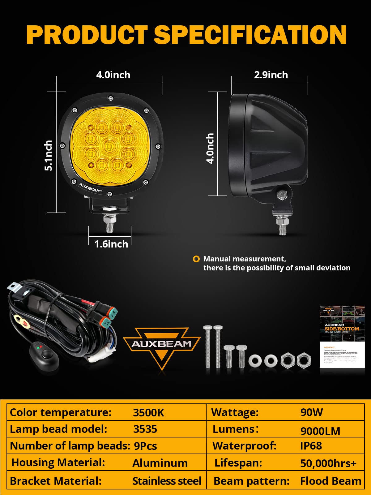 Auxbeam 4 Inch Amber Round LED Driving Flood Light + 4 inch LED Pod Covers Waterproof Dustproof for Truck SUV ATV UTV Jeep Wrangler Motorcycle - Image 6