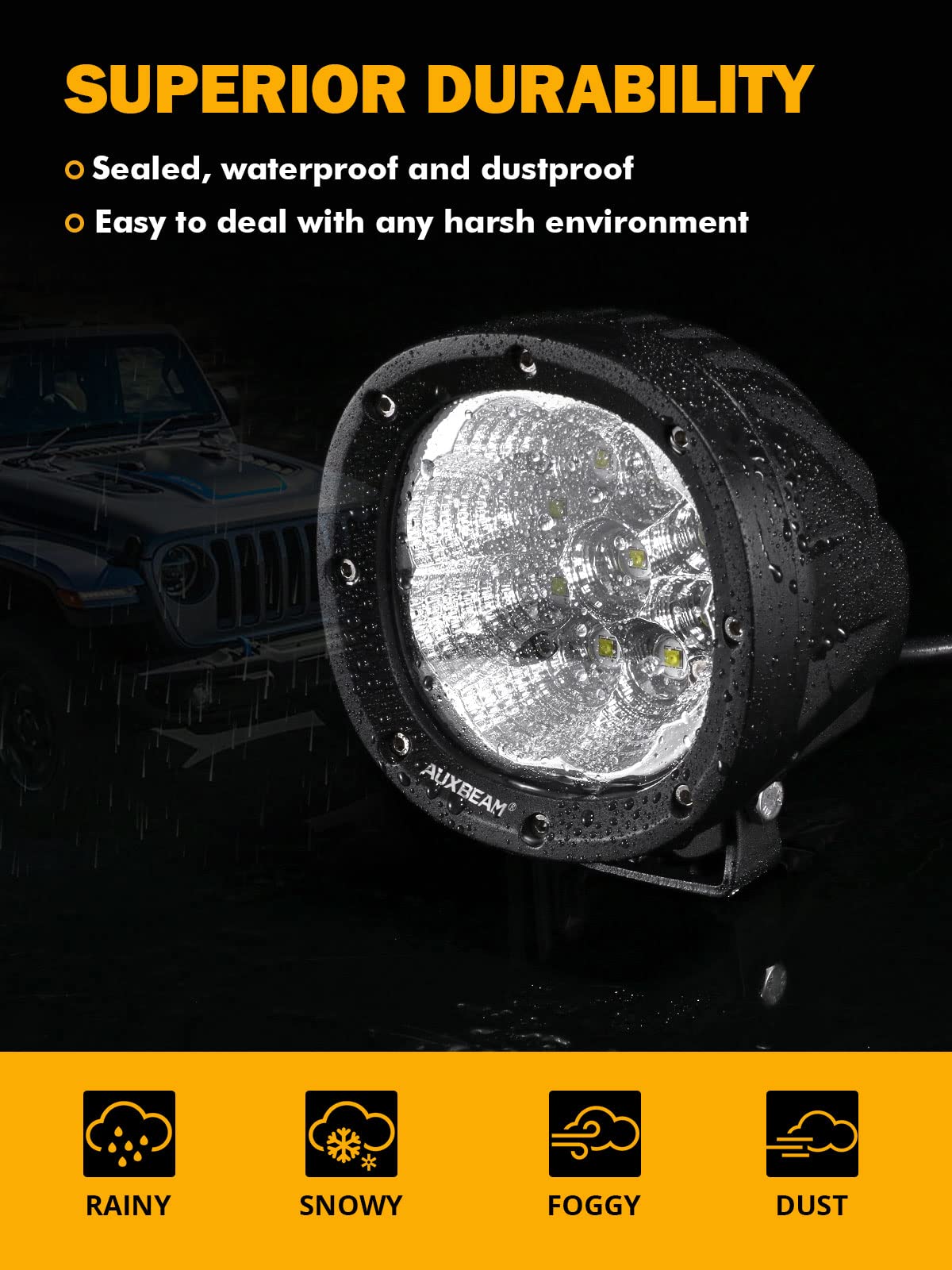 Auxbeam 4 Inch Round LED Driving Flood Light + 4 inch LED Pod Covers with DT Plug Wiring Harness Kit for Truck Boat Pickup ATV UTV SUV - Image 5