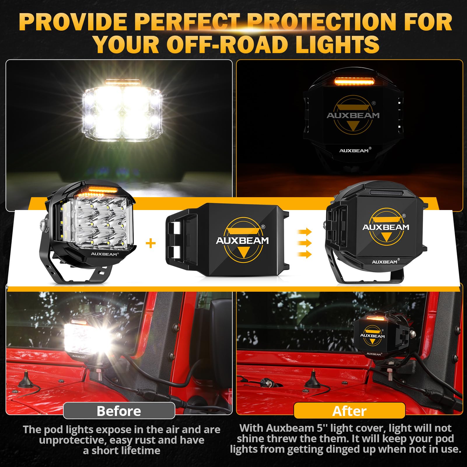 Auxbeam 5" 168W LED Cube Pods Offroad Driving Light with Amber Covers+Auxbeam 5 inch Pod Light Covers - Image 5
