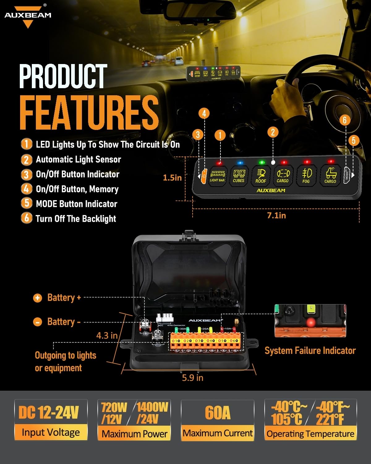 Auxbeam 6 Gang Slim Switch Panel Bluetooth RGB AS-600 with APP&Remote Control Toggle Momentary Pulsed Switch Pod Off Backlight for Truck Offroad UTV ATV Car Marine 12-24V Waterproof, 3 Years Warranty - Image 7