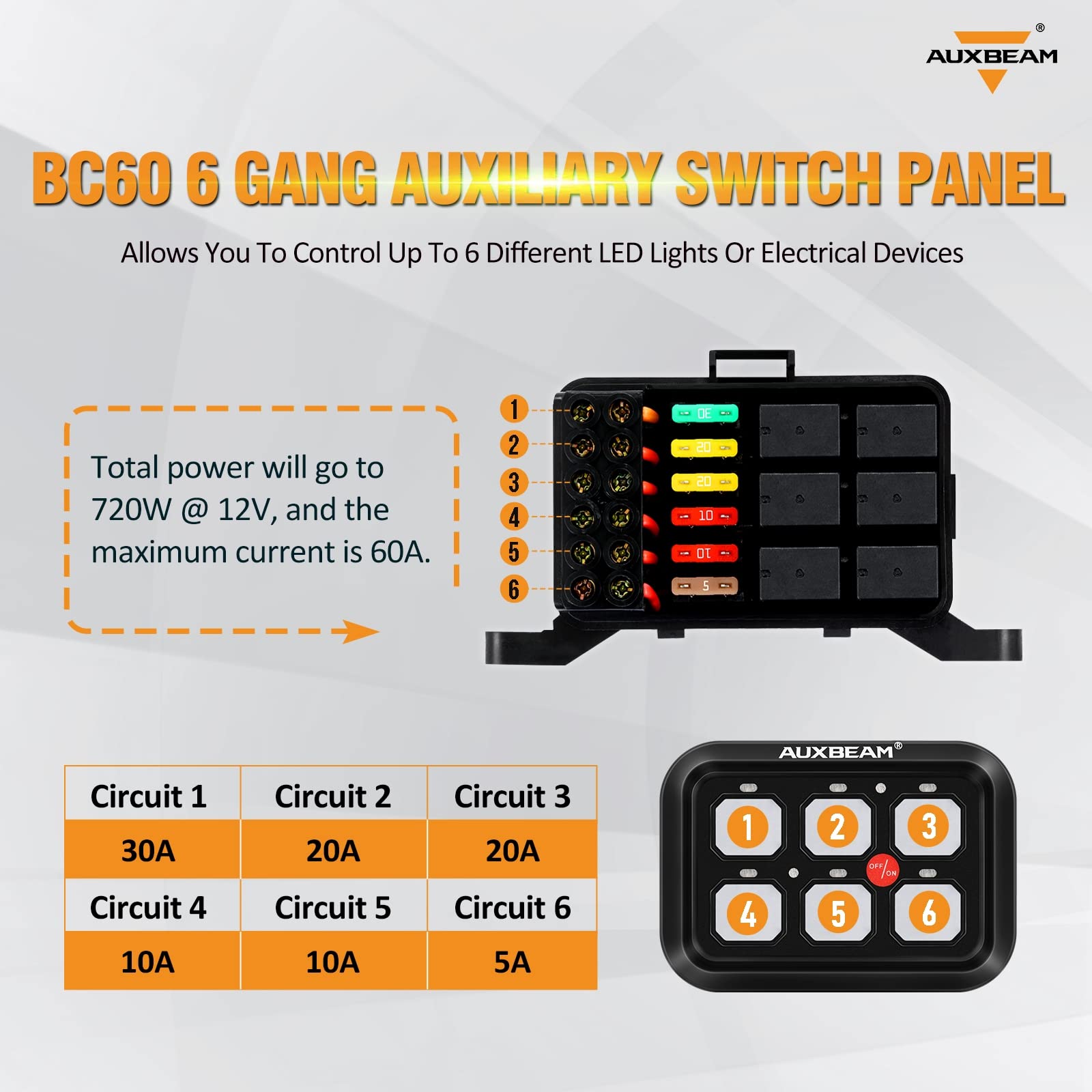 Auxbeam 6 Gang Switch Panel BC60, Universal Circuit Control Relay System Box with Automatic Dimmable On-Off LED Switch Pod Touch Switch Box for Car Pickup Truck UTV ATV Boat, 3 Years Warranty, Blue - Image 3
