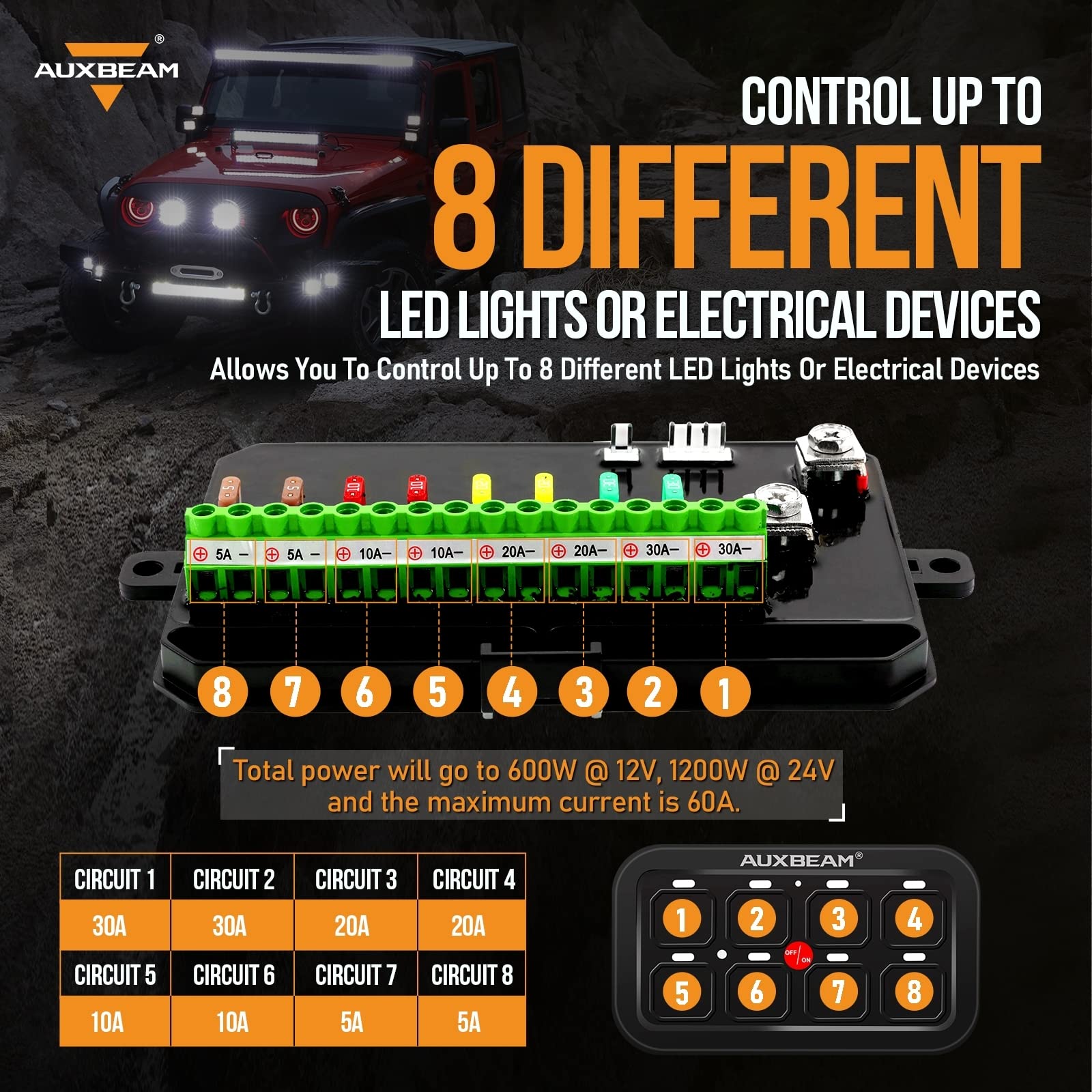 Auxbeam 8 Gang Switch Panel GA80 Universal Circuit Control Relay System Automatic Dimmable LED On-Off Switch Pod Touch Control Panel Relay Box for Car Truck Pickup UTV SUV - Green, 2 Years Warranty - Image 3