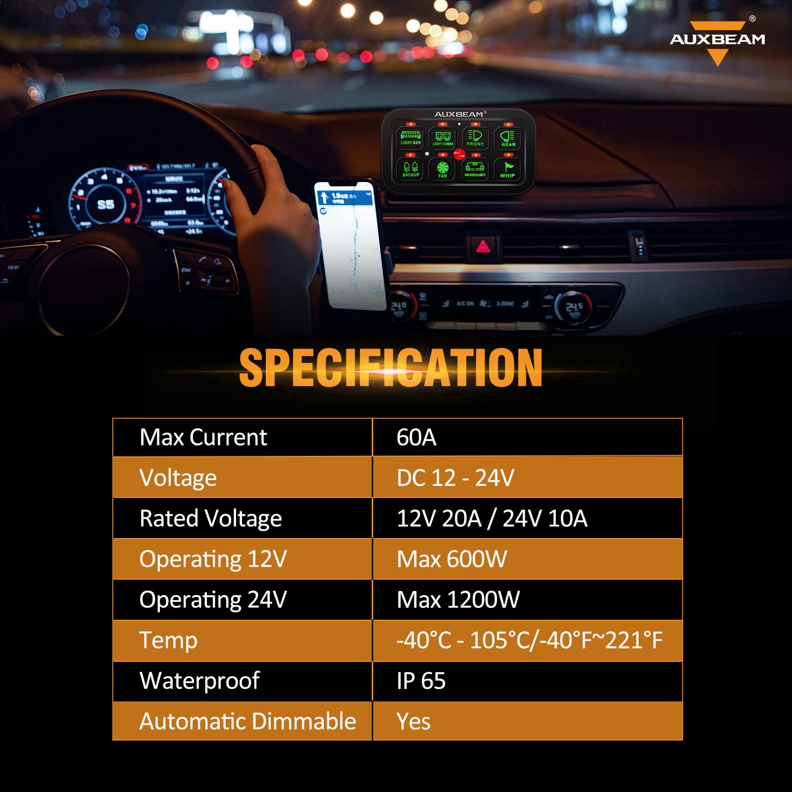 Auxbeam 8 Gang Switch Panel GA80, Universal Circuit Control Relay System Box with Automatic Dimmable On-Off LED Switch Pod Touch Switch Box for Car Pickup Truck Boat UTV ATV, Green 2 Years Warranty - Image 8