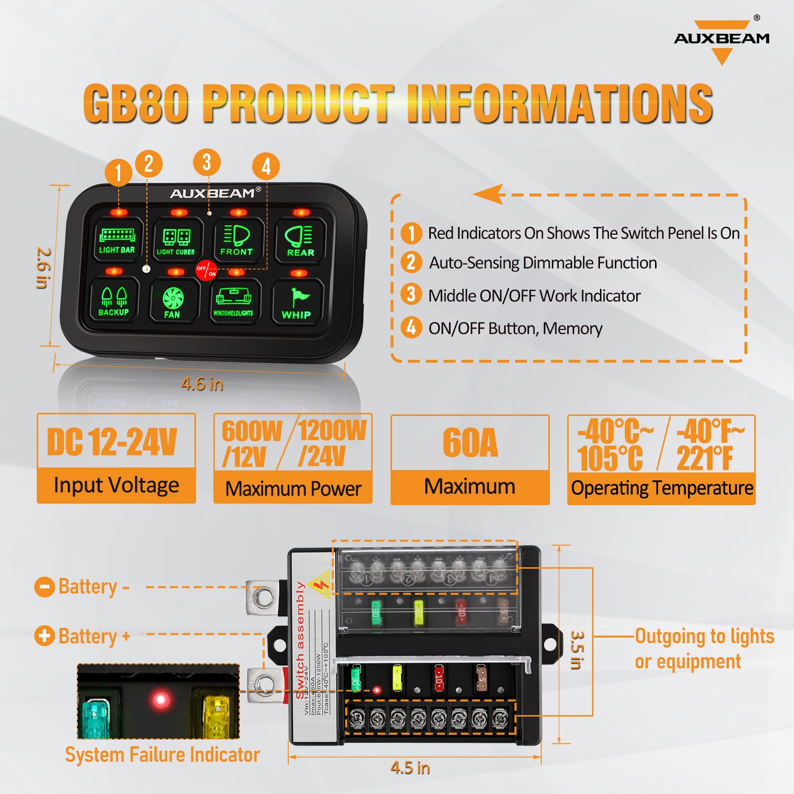 Auxbeam 8 Gang Switch Panel GB80, Universal Circuit Control Relay System Box with Automatic Dimmable On-Off LED Switch Pod Touch Switch Box for Car Pickup Truck Boat ATV UTV, Green 2 Years Warranty - Image 3