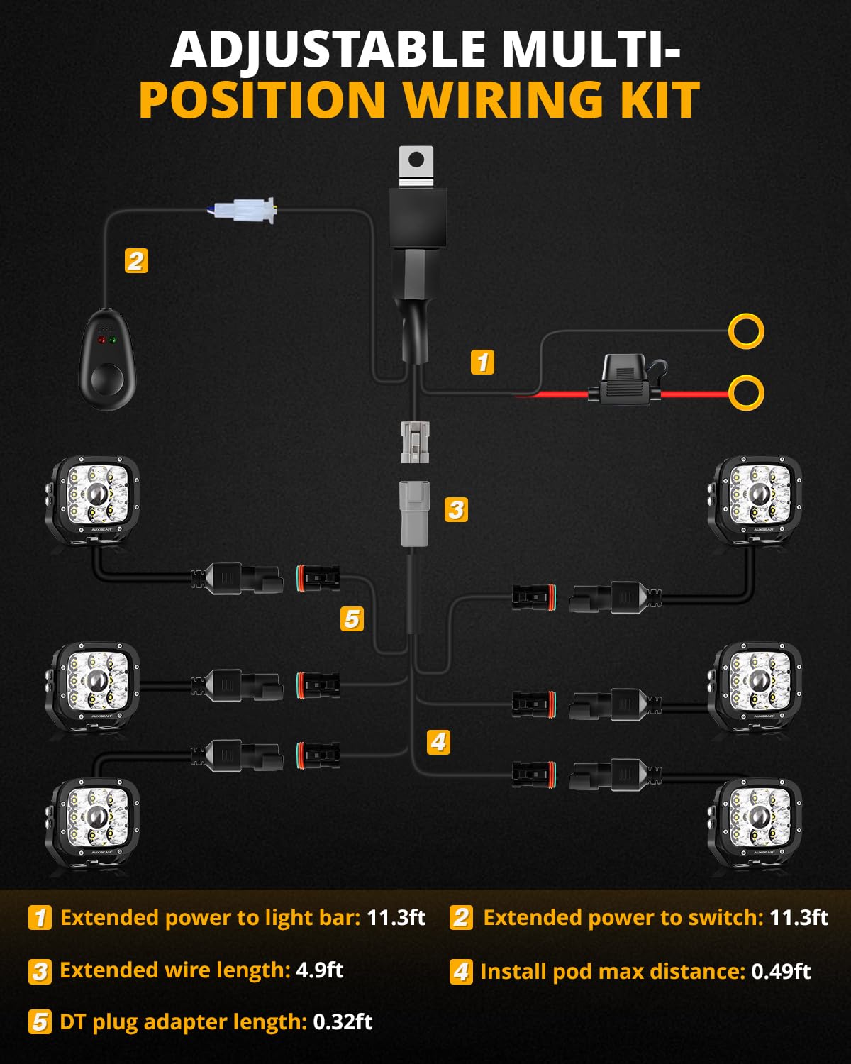 Auxbeam Wiring Harness Kit 6 Leads, Led Pods Led Offroad Light On Off Waterproof Switch Heavy Duty 12V Power Relay, Extension Wiring Harness 40A Blade Fuse 2PIN DT Plug (Without Light pods) - Image 5