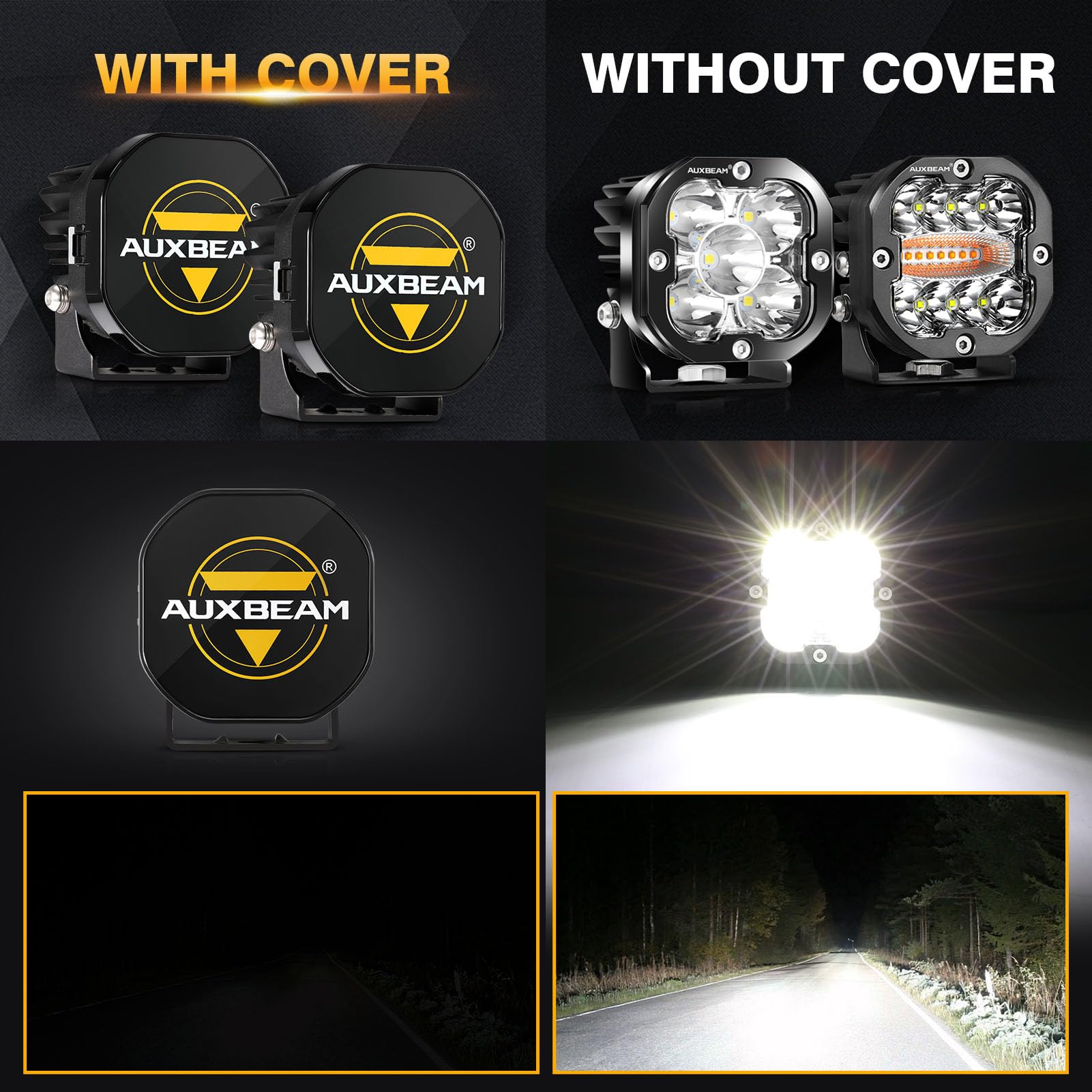 Auxbeam XP-Ultra Series 3" 80W Flood Beam LED Pods with Protective Light Covers Bundle Cube Offroad Light Bar Amber White Fog Lights for A-Pillar Bumper Off-Roading - Image 5